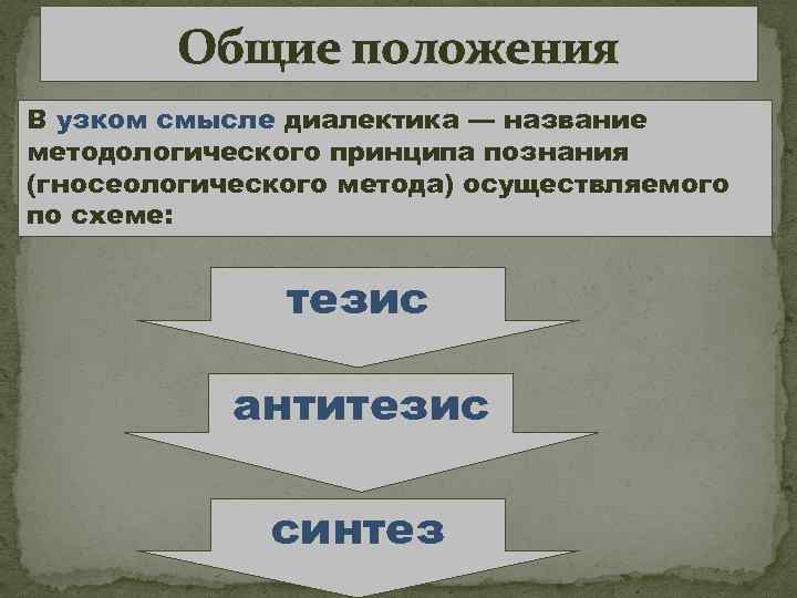 Общие положения В узком смысле диалектика — название методологического принципа познания (гносеологического метода) осуществляемого