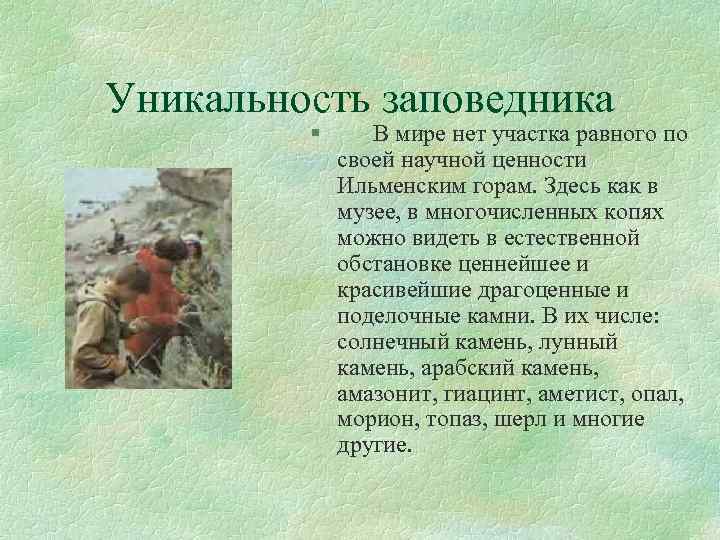 Уникальность заповедника § В мире нет участка равного по своей научной ценности Ильменским горам.
