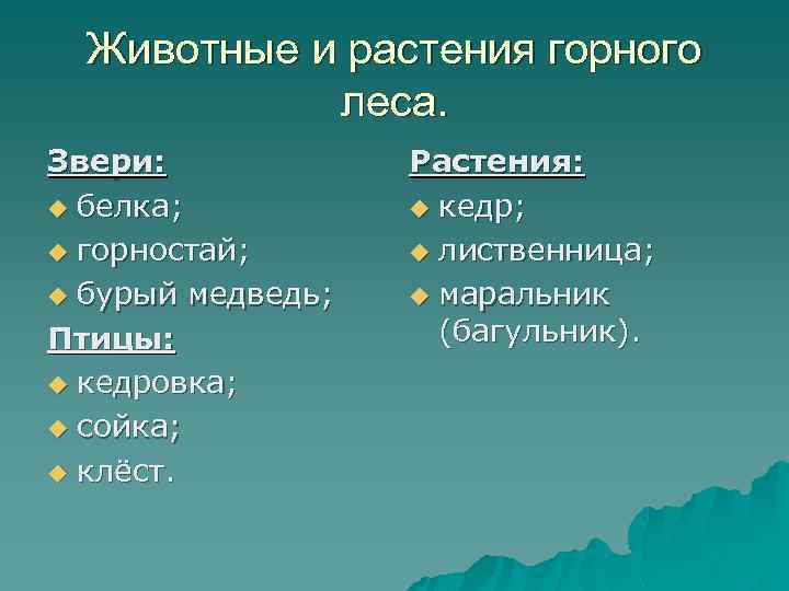 Животные и растения горного леса. Звери: u белка; u горностай; u бурый медведь; Птицы: