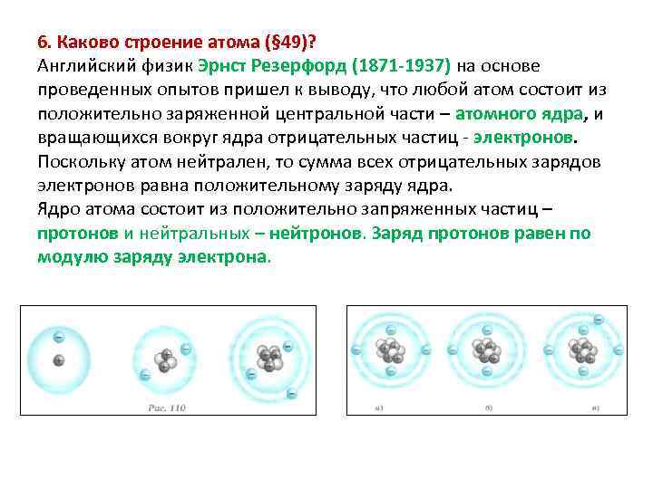 6. Каково строение атома (§ 49)? Английский физик Эрнст Резерфорд (1871 -1937) на основе