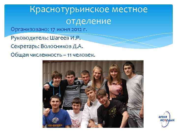 Краснотурьинское местное отделение Организовано: 17 июня 2012 г. Руководитель: Шагеев И. Р. Секретарь: Волосников