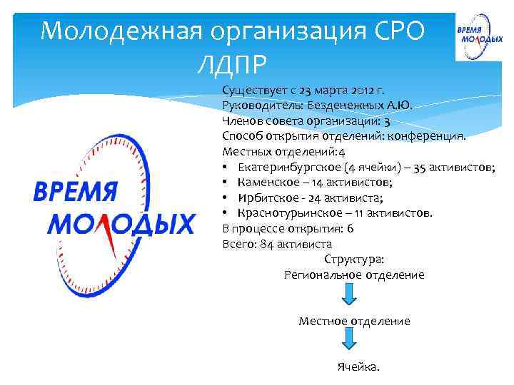 Молодежная организация СРО ЛДПР Существует с 23 марта 2012 г. Руководитель: Безденежных А. Ю.