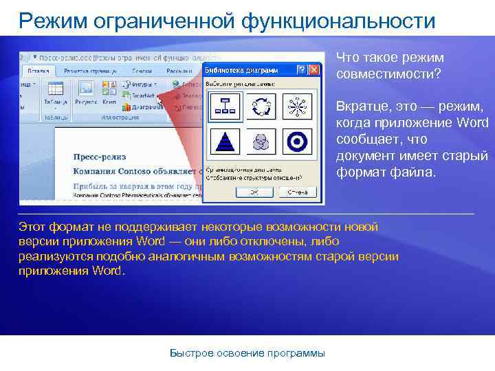 Режим ограниченной функциональности Что такое режим совместимости? Вкратце, это — режим, когда приложение Word