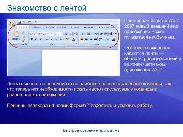 Знакомство с лентой При первом запуске Word 2007 новый внешний вид приложения может показаться