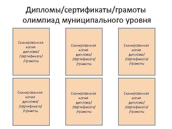 Дипломы/сертификаты/грамоты олимпиад муниципального уровня Сканированная копия диплома/ /сертификата/ /грамоты Сканированная копия диплома/ /сертификата/ /грамоты