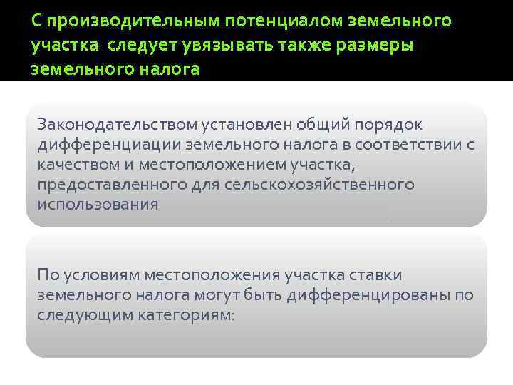 С производительным потенциалом земельного участка следует увязывать также размеры земельного налога Законодательством установлен общий