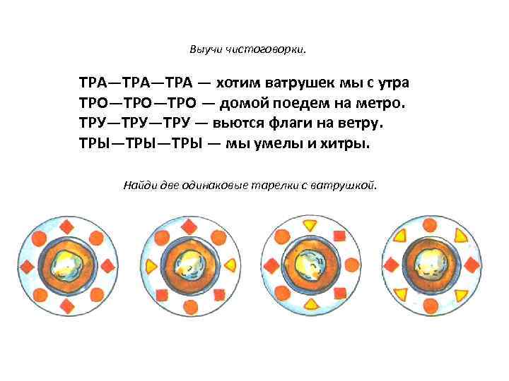 Выучи чистоговорки. ТРА—ТРА — хотим ватрушек мы с утра ТРО—ТРО — домой поедем на