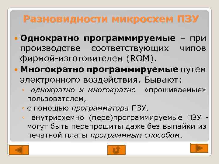 Разновидности микросхем ПЗУ Однократно программируемые – при производстве соответствующих чипов фирмой-изготовителем (ROM). Многократно программируемые