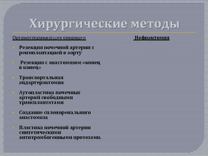 Хирургические методы Органосохраняющие операции § Резекция почечной артерии с реимплантацией в аорту § Резекция