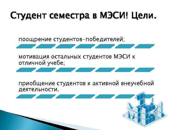 Студент семестра в МЭСИ! Цели. поощрение студентов-победителей; мотивация остальных студентов МЭСИ к отличной учебе;