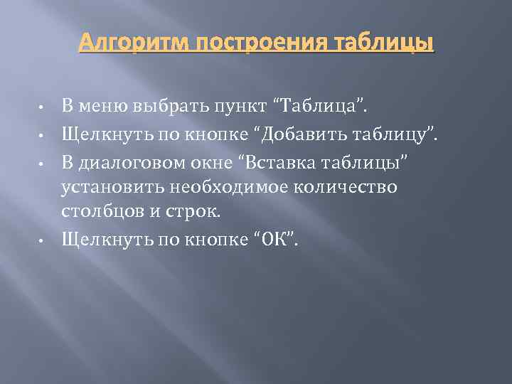 Алгоритм построения таблицы • • В меню выбрать пункт “Таблица”. Щелкнуть по кнопке “Добавить