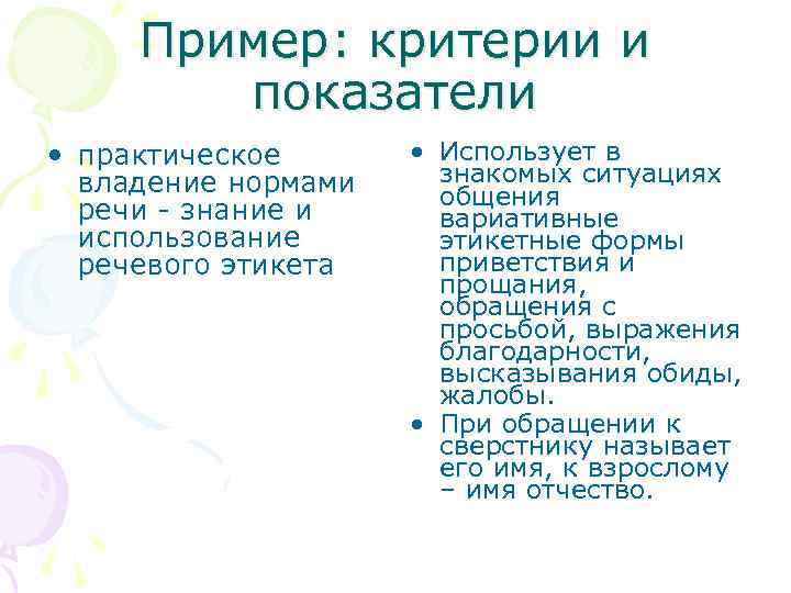 Пример: критерии и показатели • практическое владение нормами речи - знание и использование речевого