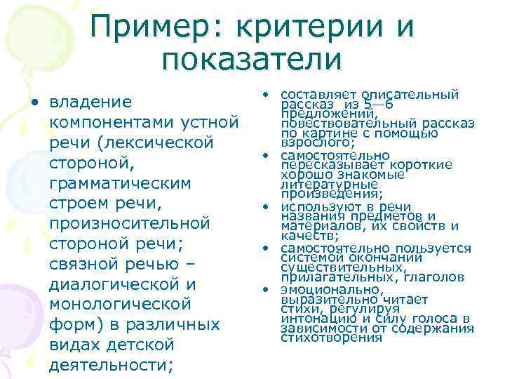 Пример: критерии и показатели • владение компонентами устной речи (лексической стороной, грамматическим строем речи,