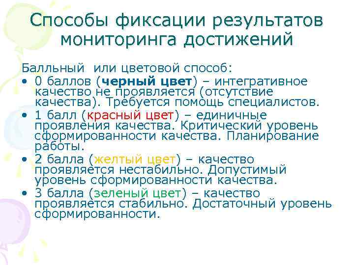 Способы фиксации результатов мониторинга достижений Балльный или цветовой способ: • 0 баллов (черный цвет)