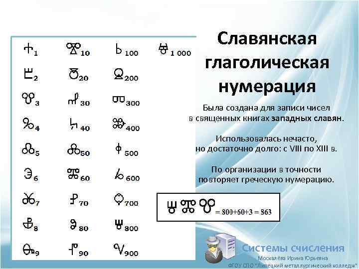 Славянская глаголическая нумерация Была создана для записи чисел в священных книгах западных славян. Использовалась