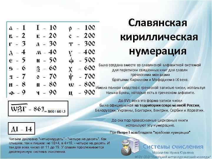 Славянская кириллическая нумерация Была создана вместе со славянской алфавитной системой для переписки священных книг