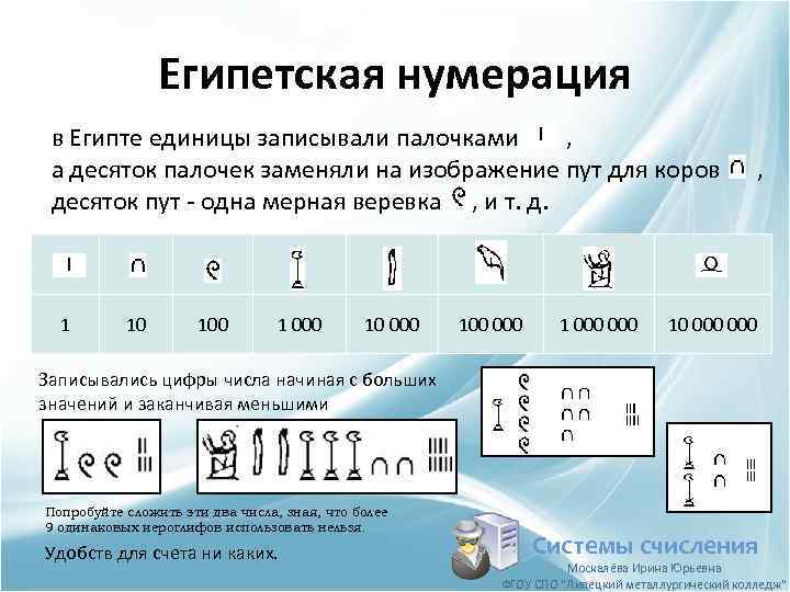 Египетская нумерация в Египте единицы записывали палочками , а десяток палочек заменяли на изображение