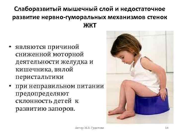 Слаборазвитый мышечный слой и недостаточное развитие нервно-гуморальных механизмов стенок ЖКТ • являются причиной сниженной