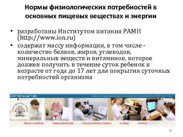 Нормы физиологических потребностей в основных пищевых веществах и энергии • разработаны Институтом питания РАМН