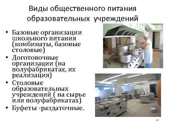 Виды общественного питания образовательных учреждений • Базовые организации школьного питания (комбинаты, базовые столовые) •