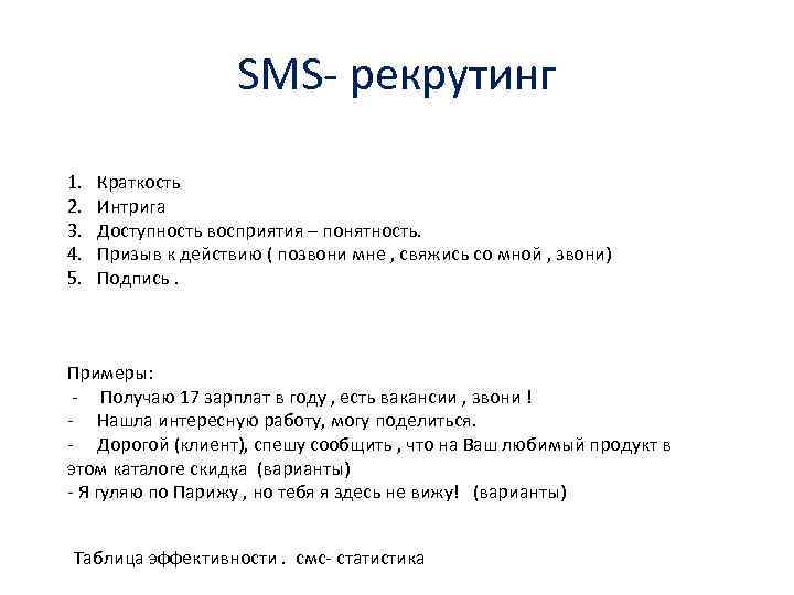 SMS- рекрутинг 1. 2. 3. 4. 5. Краткость Интрига Доступность восприятия – понятность. Призыв