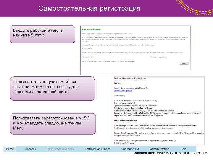 Самостоятельная регистрация Введите рабочий емейл и нажмите Submit Пользователь получит емейл со ссылкой. Нажмите
