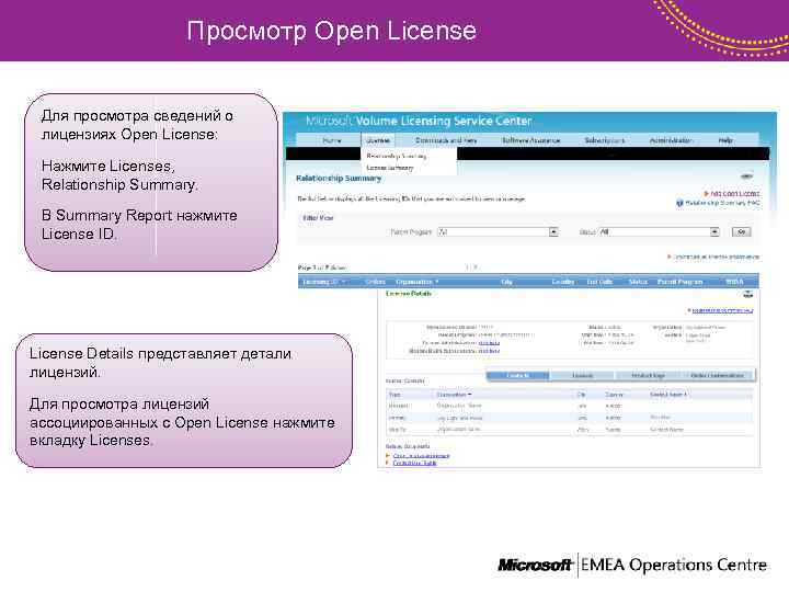 Просмотр Open License Для просмотра сведений о лицензиях Open License: Нажмите Licenses, Relationship Summary.
