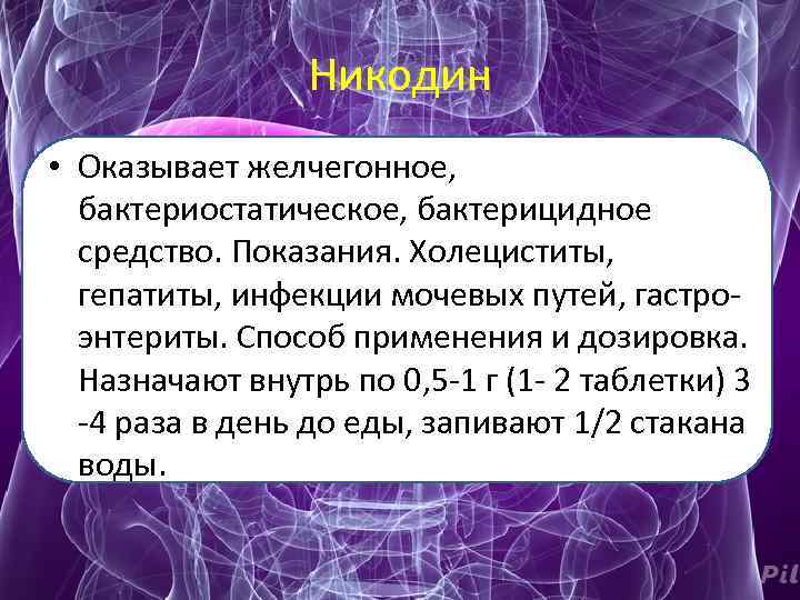 Никодин • Оказывает желчегонное, бактериостатическое, бактерицидное средство. Показания. Холециститы, гепатиты, инфекции мочевых путей, гастроэнтериты.