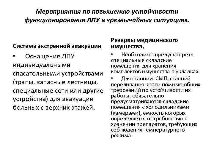 Мероприятия по повышению устойчивости функционирования ЛПУ в чрезвычайных ситуациях. Система экстренной эвакуации • Оснащение