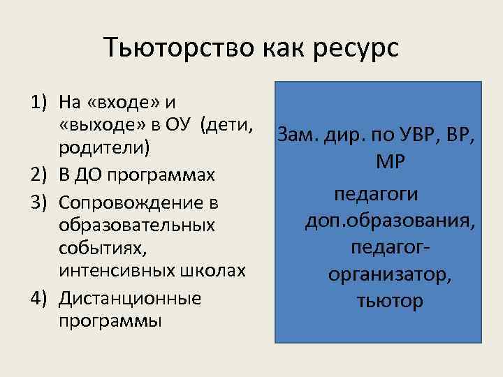 Тьюторство как ресурс 1) На «входе» и «выходе» в ОУ (дети, родители) 2) В