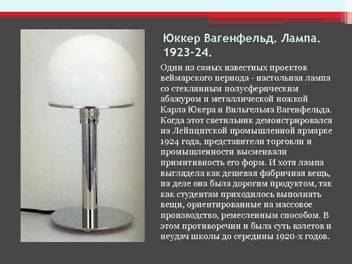 Юккер Вагенфельд. Лампа. 1923 -24. Один из самых известных проектов веймарского периода - настольная