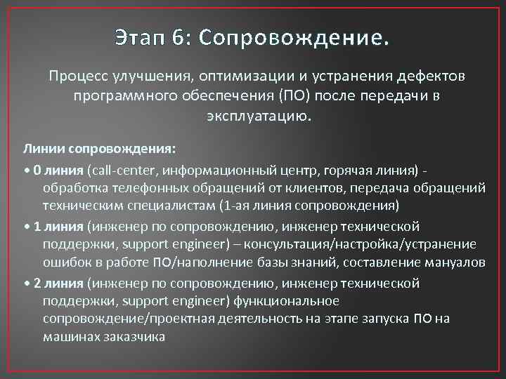 Этап 6: Сопровождение. Процесс улучшения, оптимизации и устранения дефектов программного обеспечения (ПО) после передачи