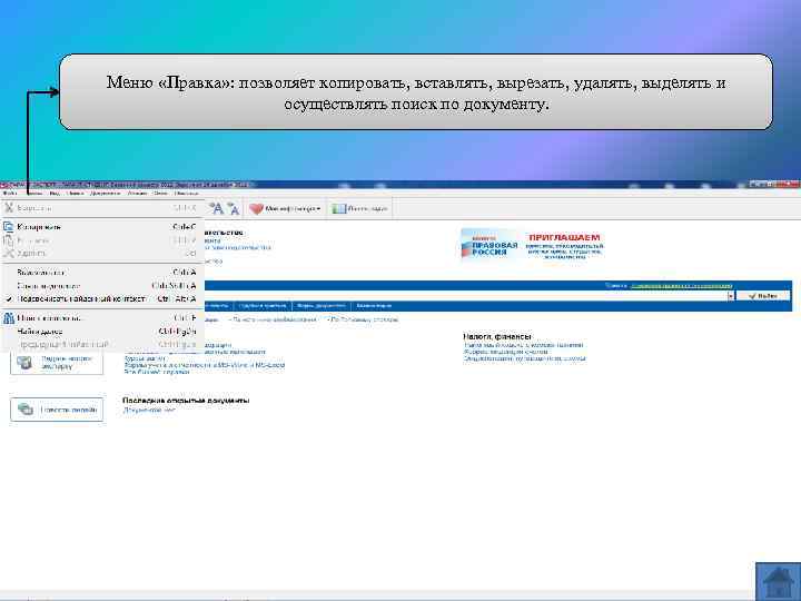 Меню «Правка» : позволяет копировать, вставлять, вырезать, удалять, выделять и осуществлять поиск по документу.