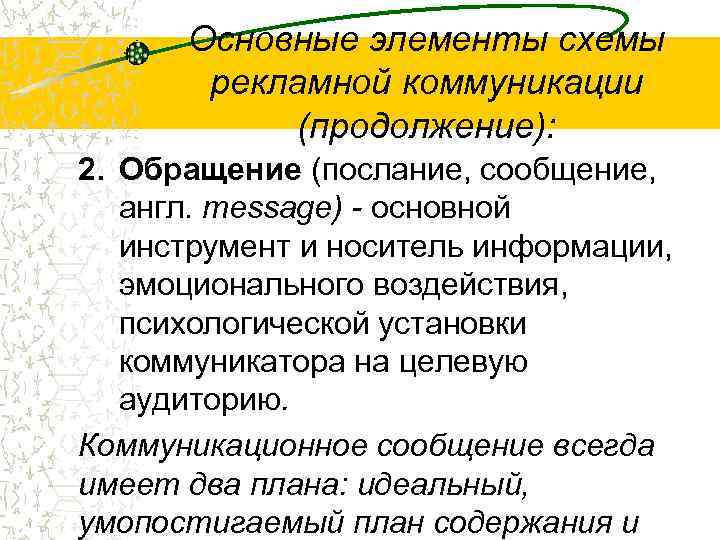 Основные элементы схемы рекламной коммуникации (продолжение): 2. Обращение (послание, сообщение, англ. message) - основной