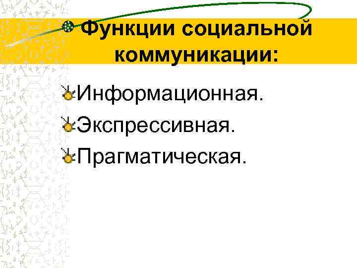 Функции социальной коммуникации: Информационная. Экспрессивная. Прагматическая. 