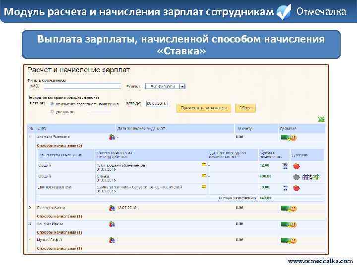 Модуль расчета и начисления зарплат сотрудникам Отмечалка Выплата зарплаты, начисленной способом начисления «Ставка» www.