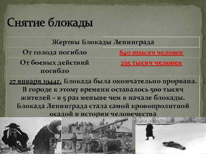 Снятие блокады Жертвы Блокады Ленинграда От голода погибло 640 тысяч человек От боевых действий