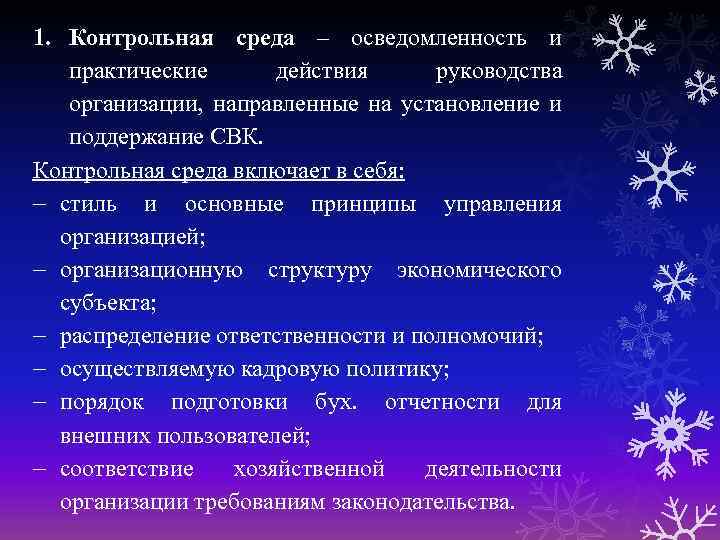 1. Контрольная среда – осведомленность и практические действия руководства организации, направленные на установление и