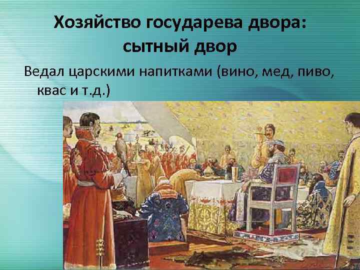 Хозяйство государева двора: сытный двор Ведал царскими напитками (вино, мед, пиво, квас и т.