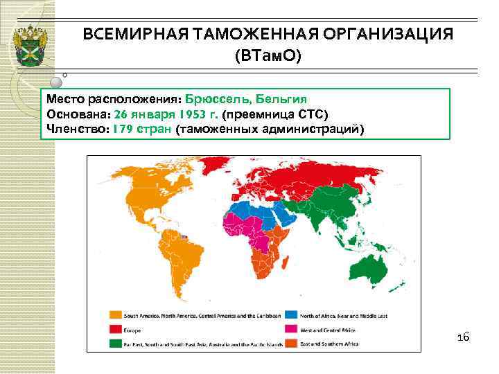 ВСЕМИРНАЯ ТАМОЖЕННАЯ ОРГАНИЗАЦИЯ (ВТам. О) Место расположения: Брюссель, Бельгия Основана: 26 января 1953 г.