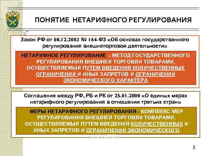 ПОНЯТИЕ НЕТАРИФНОГО РЕГУЛИРОВАНИЯ Закон РФ от 08. 12. 2003 № 164 -ФЗ «Об основах