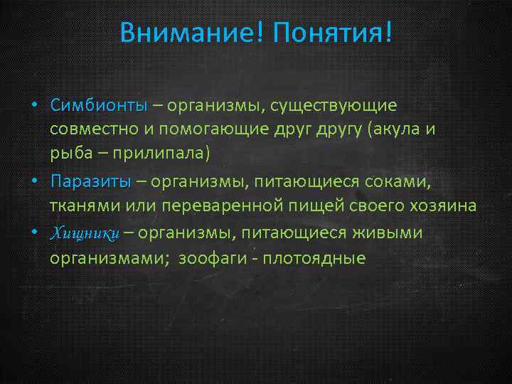 Внимание! Понятия! • Симбионты – организмы, существующие совместно и помогающие другу (акула и рыба