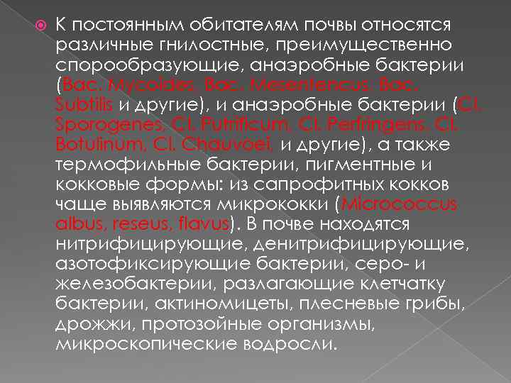  К постоянным обитателям почвы относятся различные гнилостные, преимущественно спорообразующие, анаэробные бактерии (Bac. Mycoides,