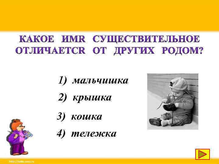 1) мальчишка 2) крышка 3) кошка 4) тележка 