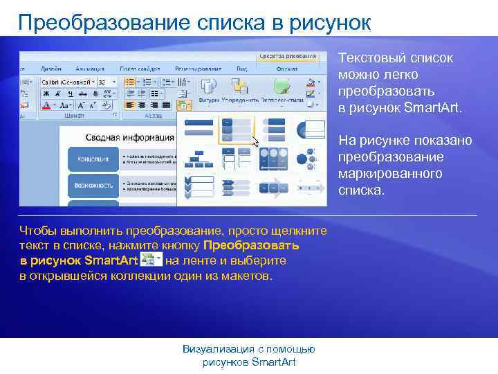 Преобразование списка в рисунок Текстовый список можно легко преобразовать в рисунок Smart. Art. На