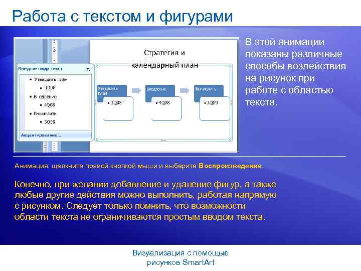 Работа с текстом и фигурами В этой анимации показаны различные способы воздействия на рисунок