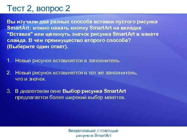 Тест 2, вопрос 2 Вы изучили два разных способа вставки пустого рисунка Smart. Art: