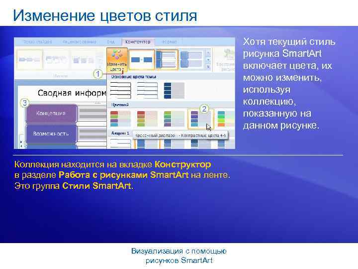 Изменение цветов стиля Хотя текущий стиль рисунка Smart. Art включает цвета, их можно изменить,