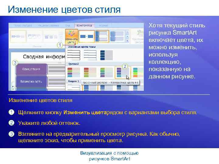 Изменение цветов стиля Хотя текущий стиль рисунка Smart. Art включает цвета, их можно изменить,