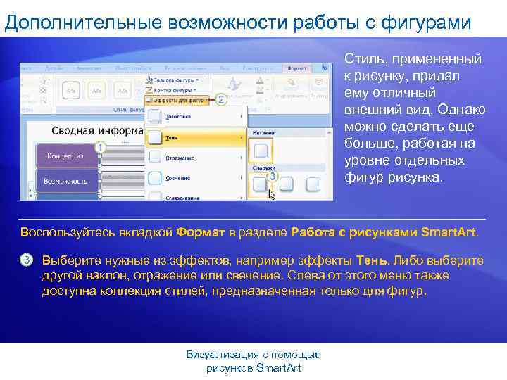 Дополнительные возможности работы с фигурами Стиль, примененный к рисунку, придал ему отличный внешний вид.